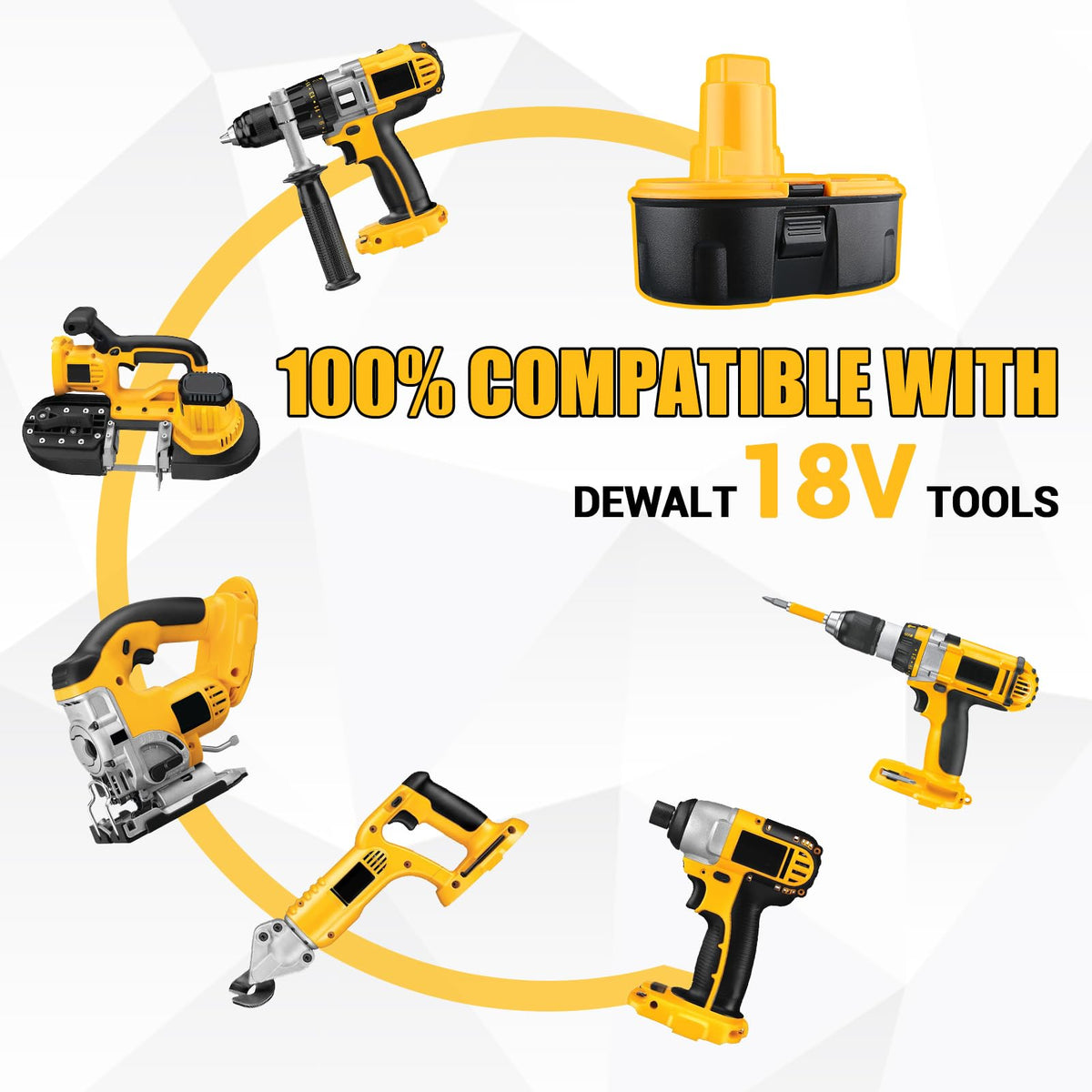 Generic DC9096 two-pack shown with compatible DeWalt tools for fast setup