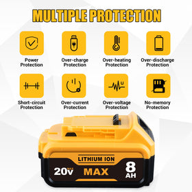 Generic DCB200 2-pack battery compatibility across DeWalt 20V Max tools.