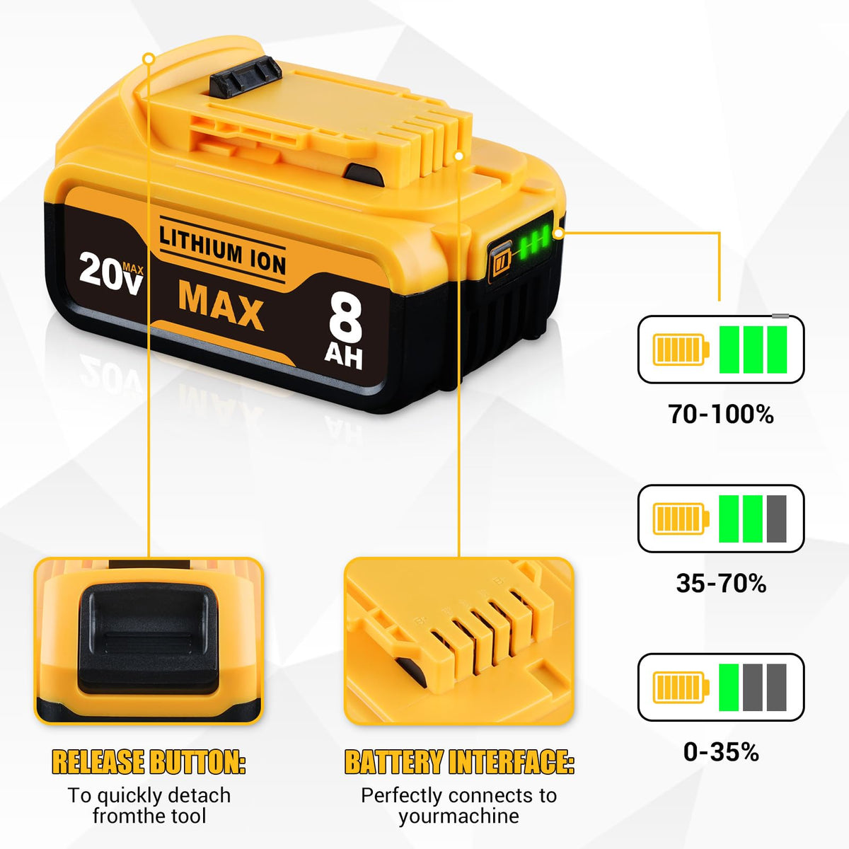 Generic DCB200 8.0Ah battery pack for extended runtimes.
