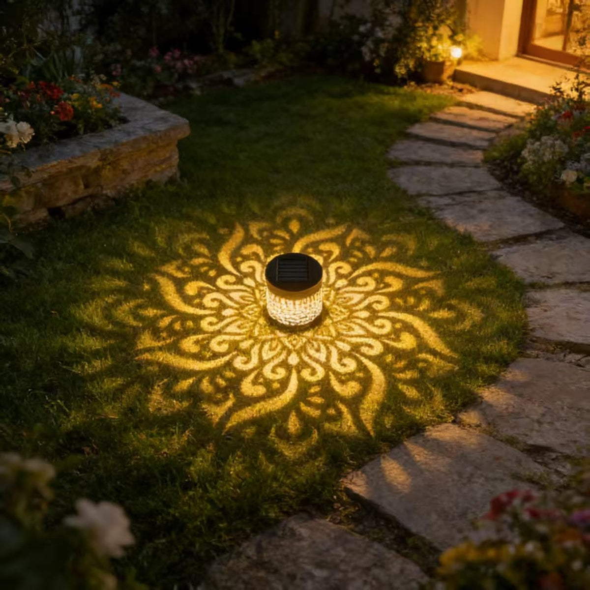 Generic decorative solar mandala light at entry adds welcoming illumination.