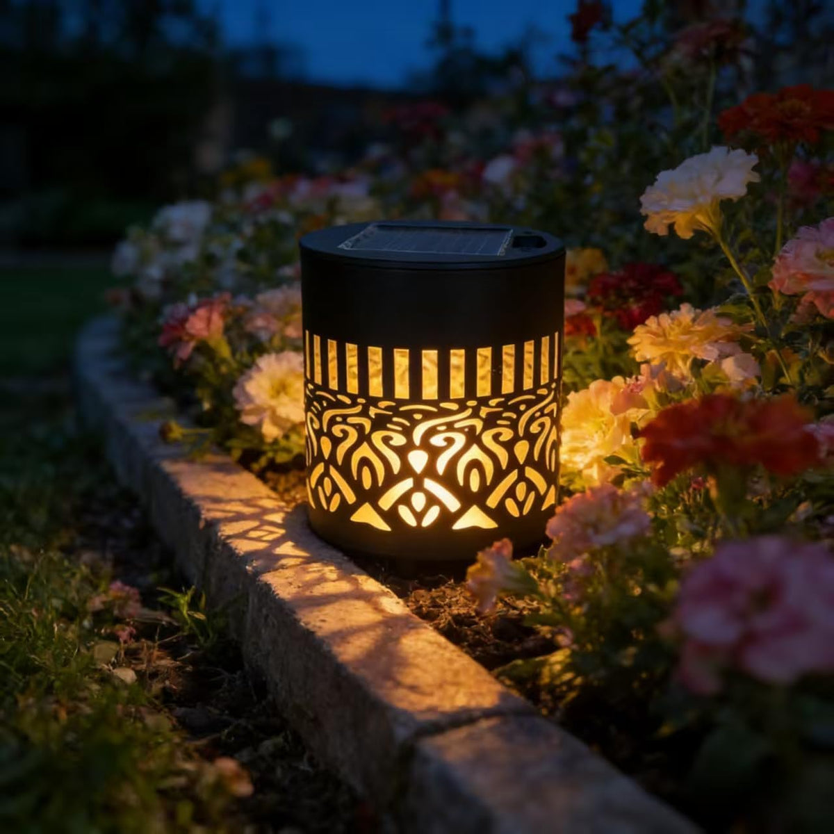 Generic decorative solar mandala light on deck enhances outdoor ambiance.