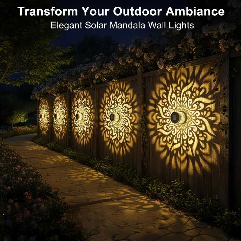 Generic decorative solar mandala light on fence creates inviting shadows.