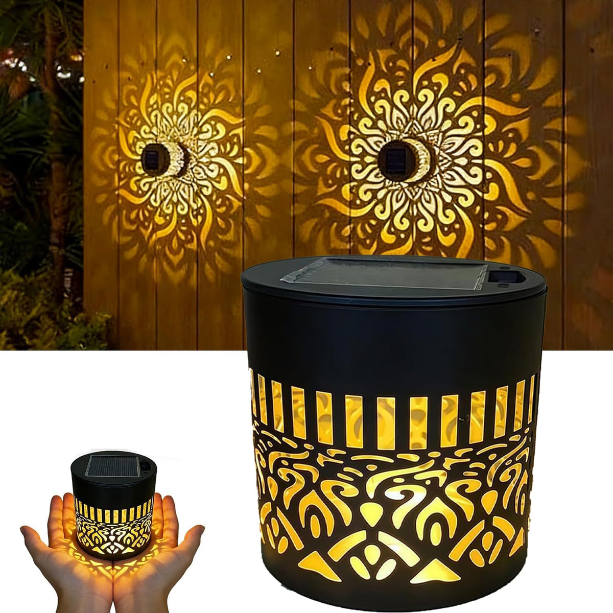 Generic decorative solar mandala light on wall provides warm ambiance for evenings.