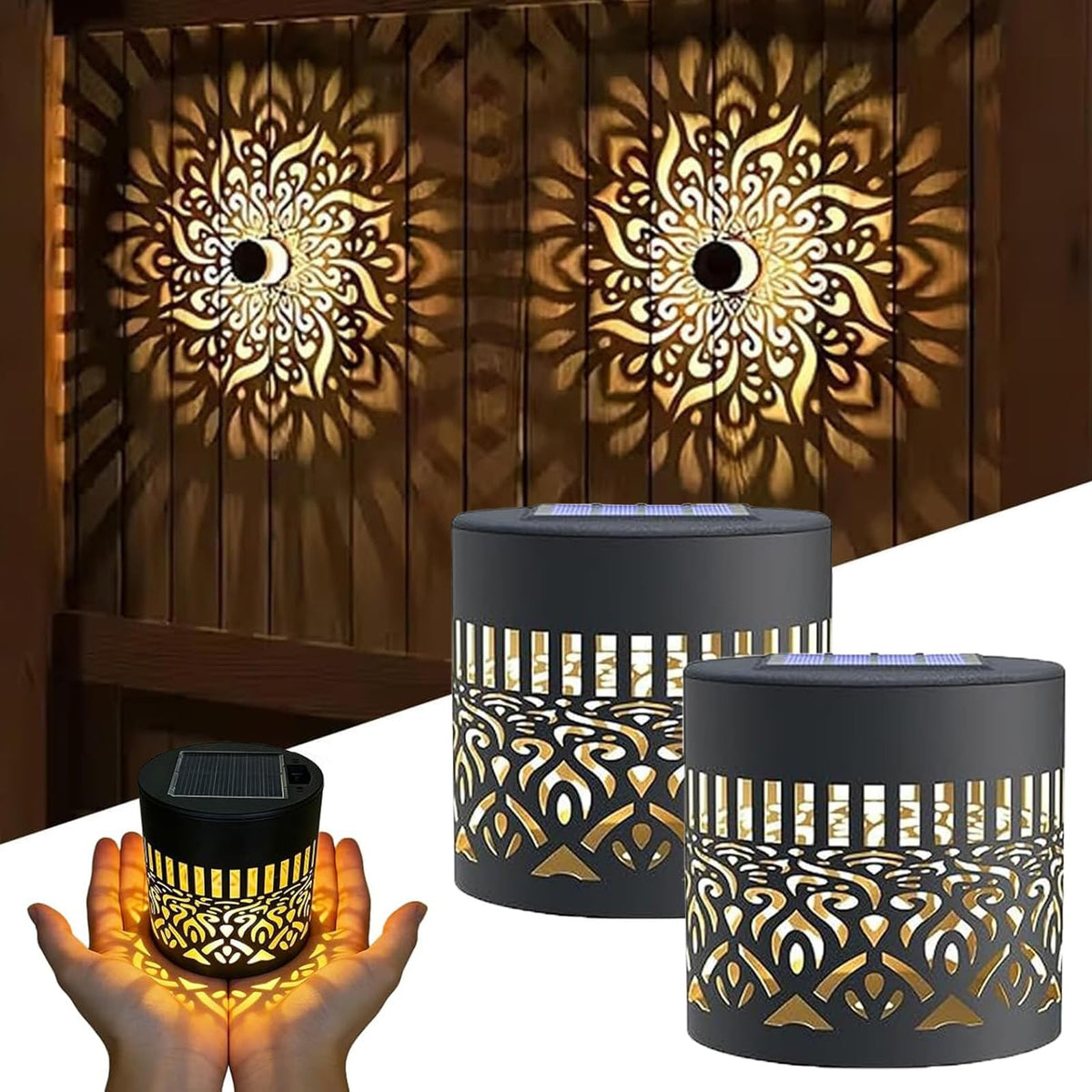 Generic Decorative Solar Mandala Lights pattern glowing on a fence, enhancing outdoor ambiance