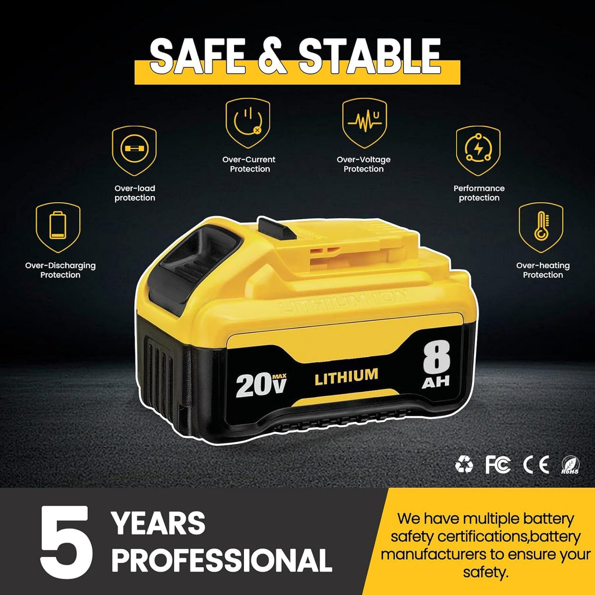 Generic Dewalt 20V battery smart protection panel highlights safety features.
