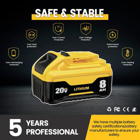 Generic Dewalt 20V battery smart protection panel highlights safety features.