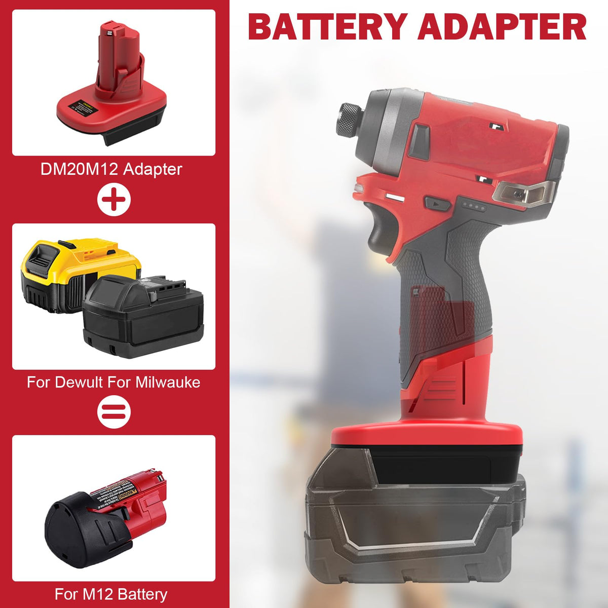 Generic DM18M12 adapter being installed into a Milwaukee M12 tool for testing.