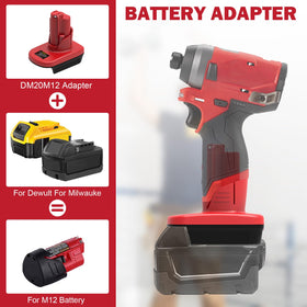 Generic DM18M12 adapter being installed into a Milwaukee M12 tool for testing.