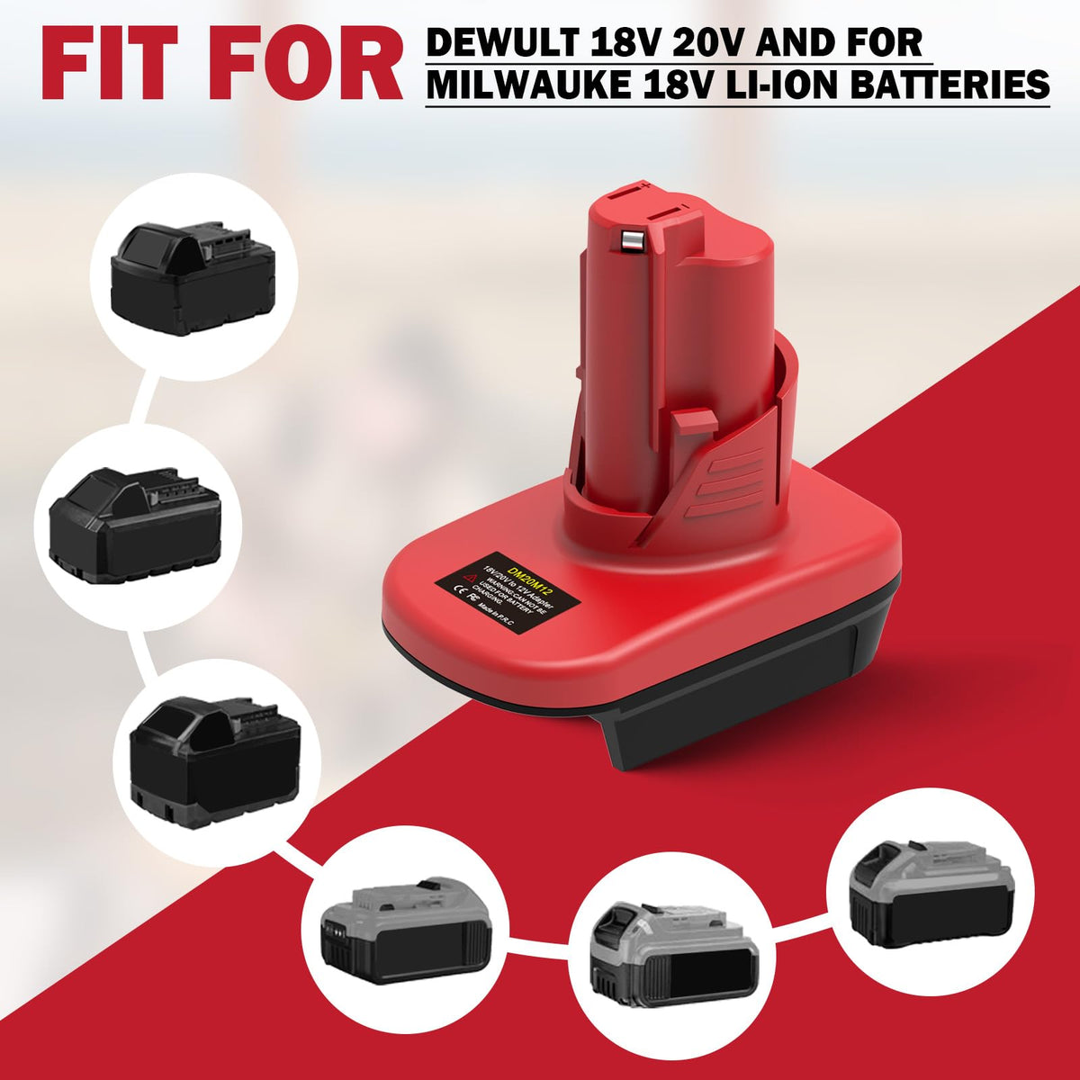 Generic DM18M12 adapter compatibility list with included battery models.