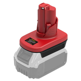 Generic DM18M12 adapter inserting a DeWalt 20V battery for Milwaukee M12 use.