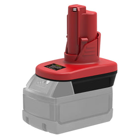 Generic DM18M12 adapter inserting Milwaukee M18 18V battery for Milwaukee M12 tool.