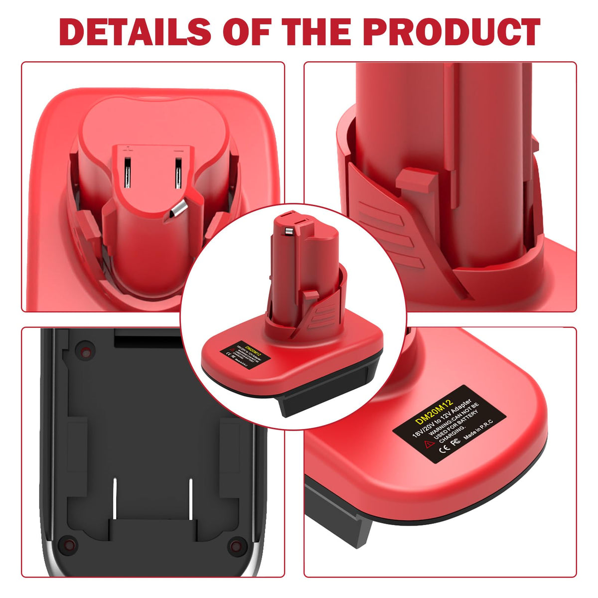 Generic DM18M12 adapter step 1 insertion process with DeWalt battery.