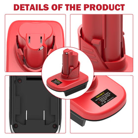 Generic DM18M12 adapter step 1 insertion process with DeWalt battery.