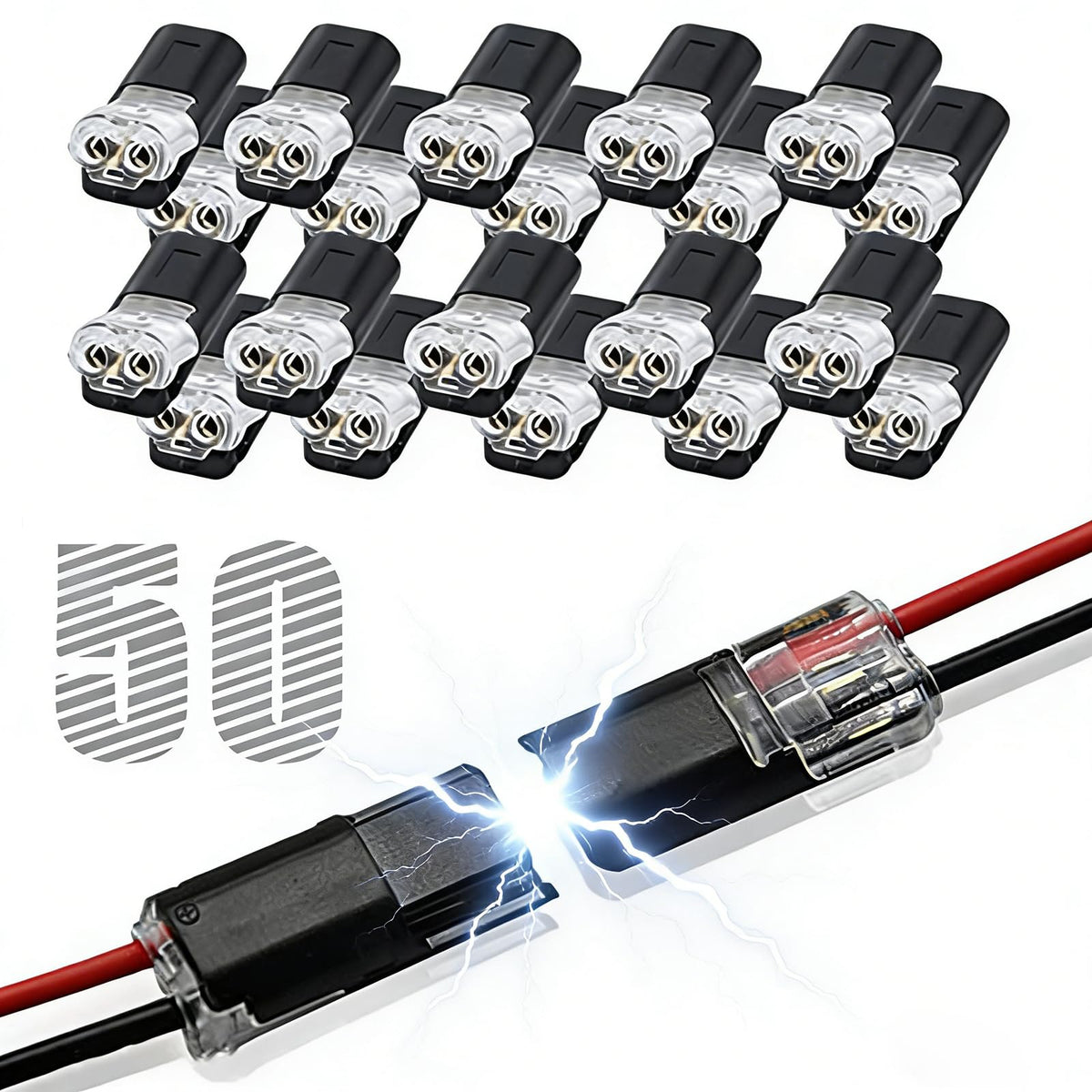 Generic double-wire connector with locking buckle for secure, reusable connections.