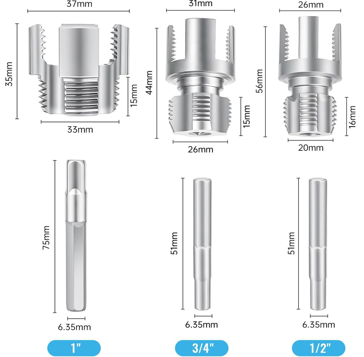 Generic drill compatible hex shank allows use with most drills for easier threading.