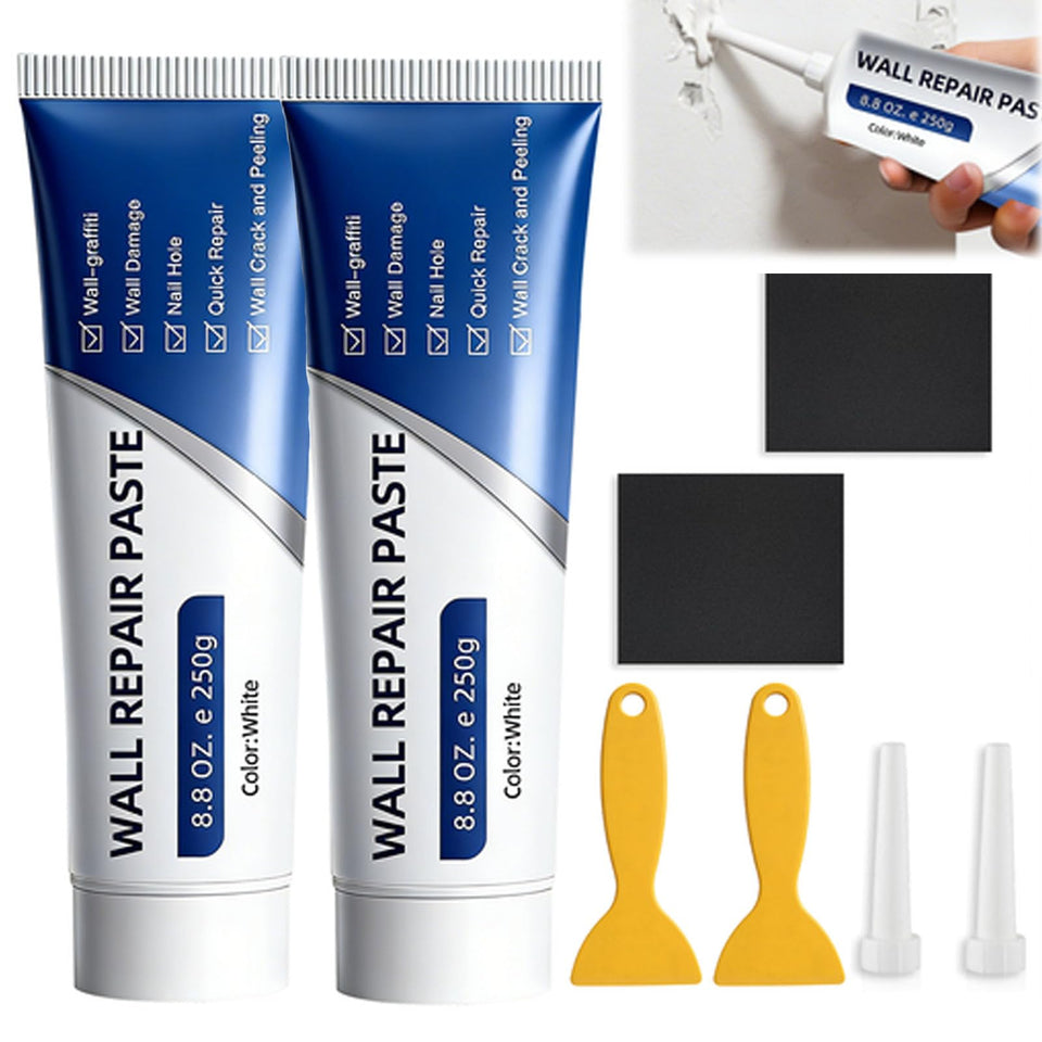 Generic drywall repair kit contents show two tubes and tools for quick home fixes
