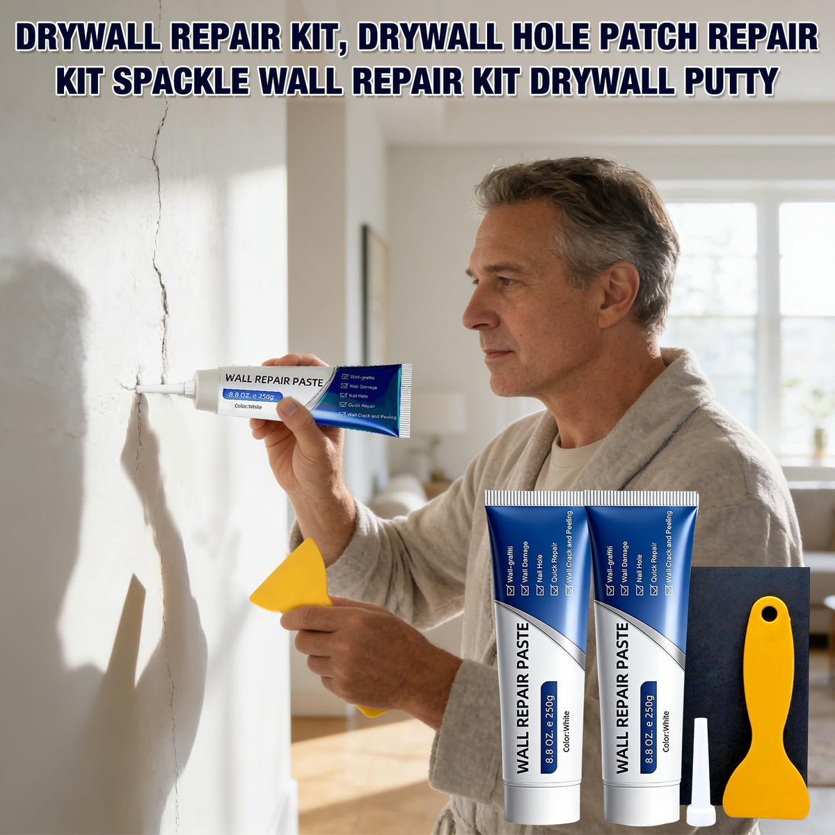 Generic drywall repair kit tubes and paste ready for smooth, paint-ready patches