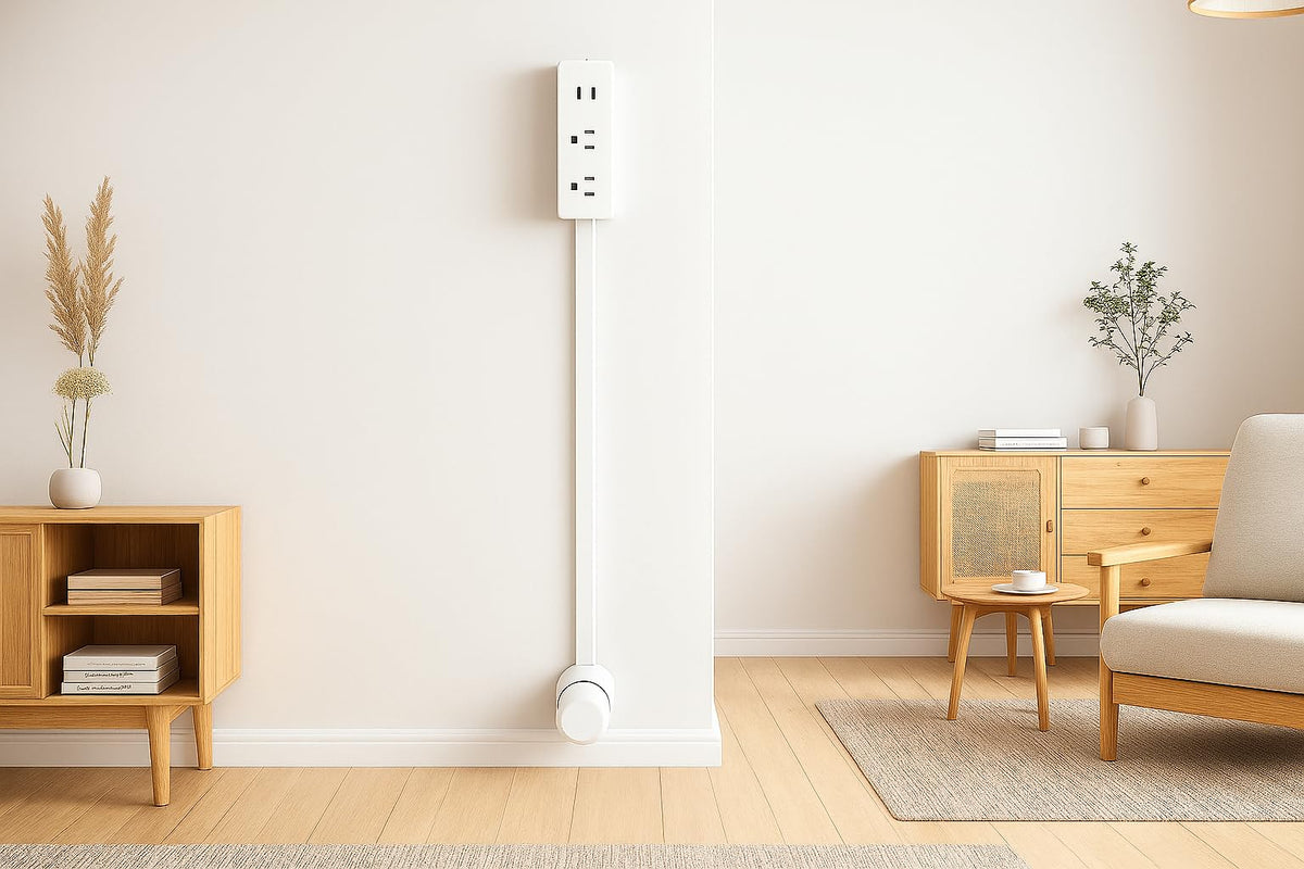 Generic power socket extender installs without tools, keeping walls untarnished and cables tidy