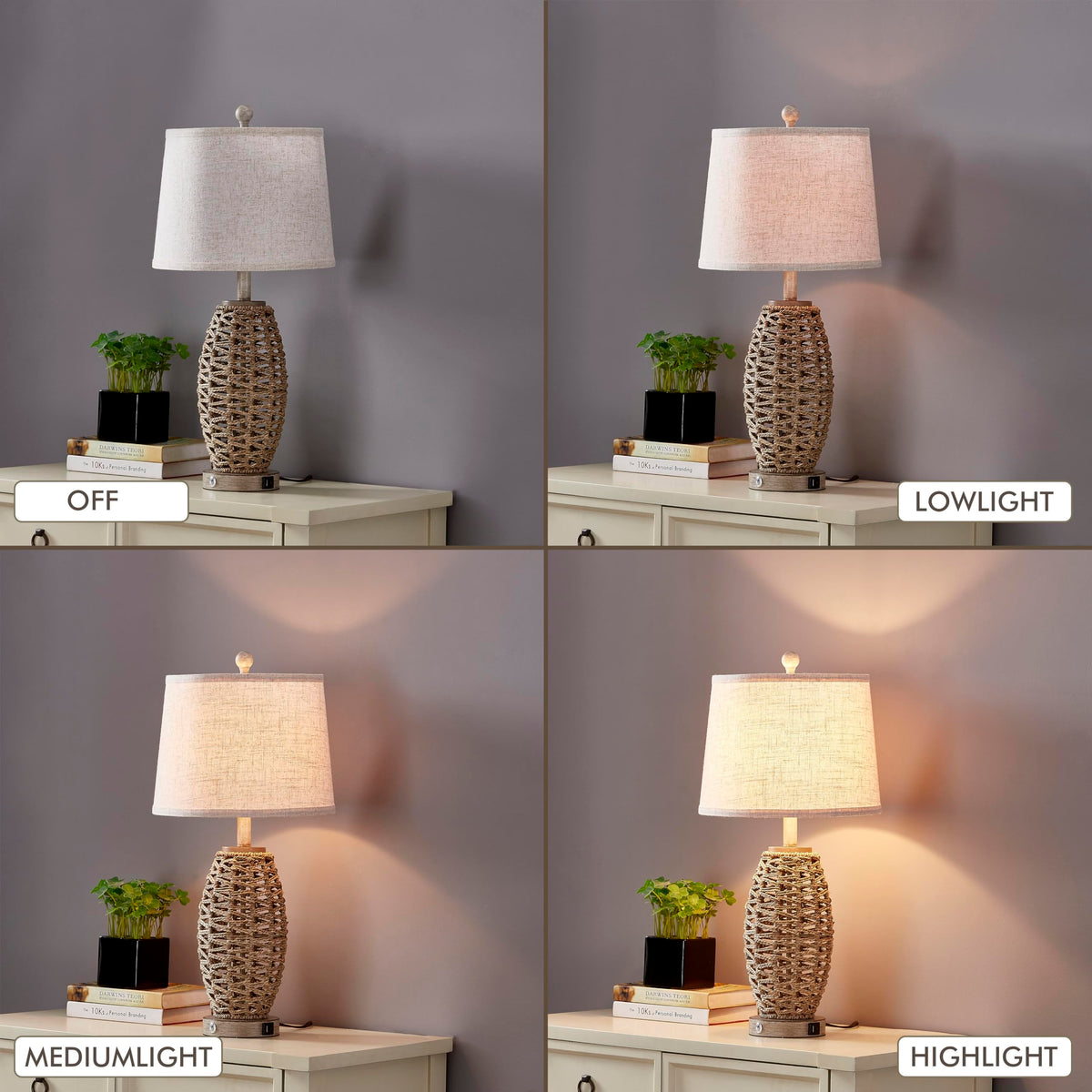 Generic farmhouse style bedside lamps pair with oatmeal shade for soft ambient light.
