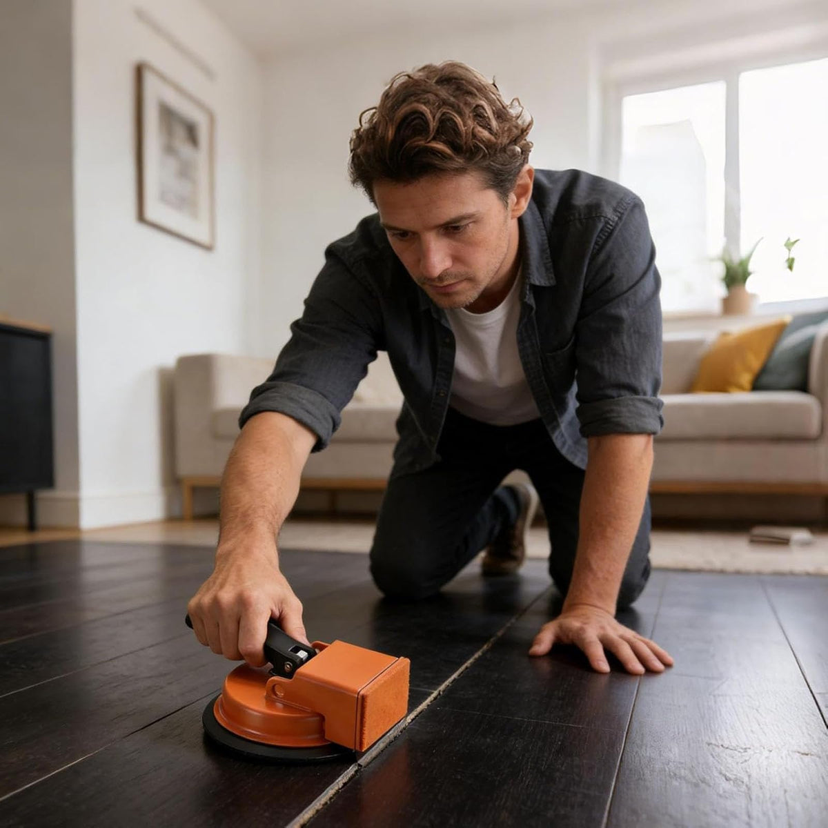 Generic floor gap fixer tool near hardwood edge minimizes damage during use
