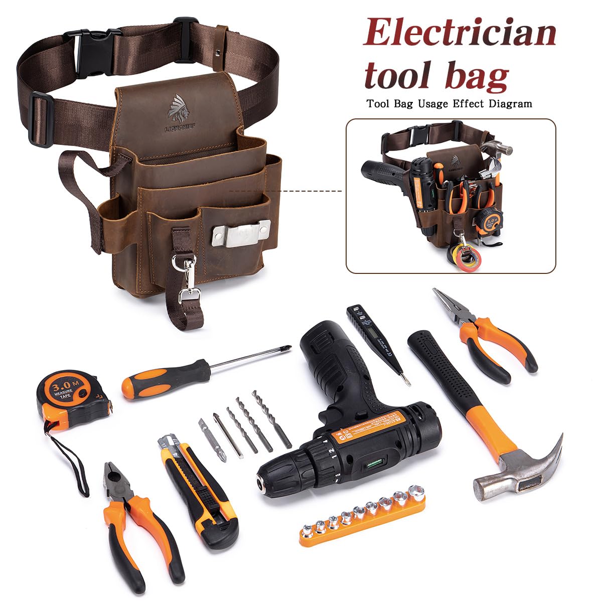 Generic Genuine Leather Electrician Tool Pouch tape-measure clip closeup highlights quick tool access.