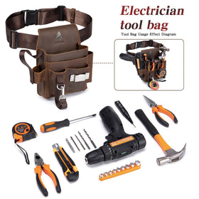 Generic Genuine Leather Electrician Tool Pouch tape-measure clip closeup highlights quick tool access.