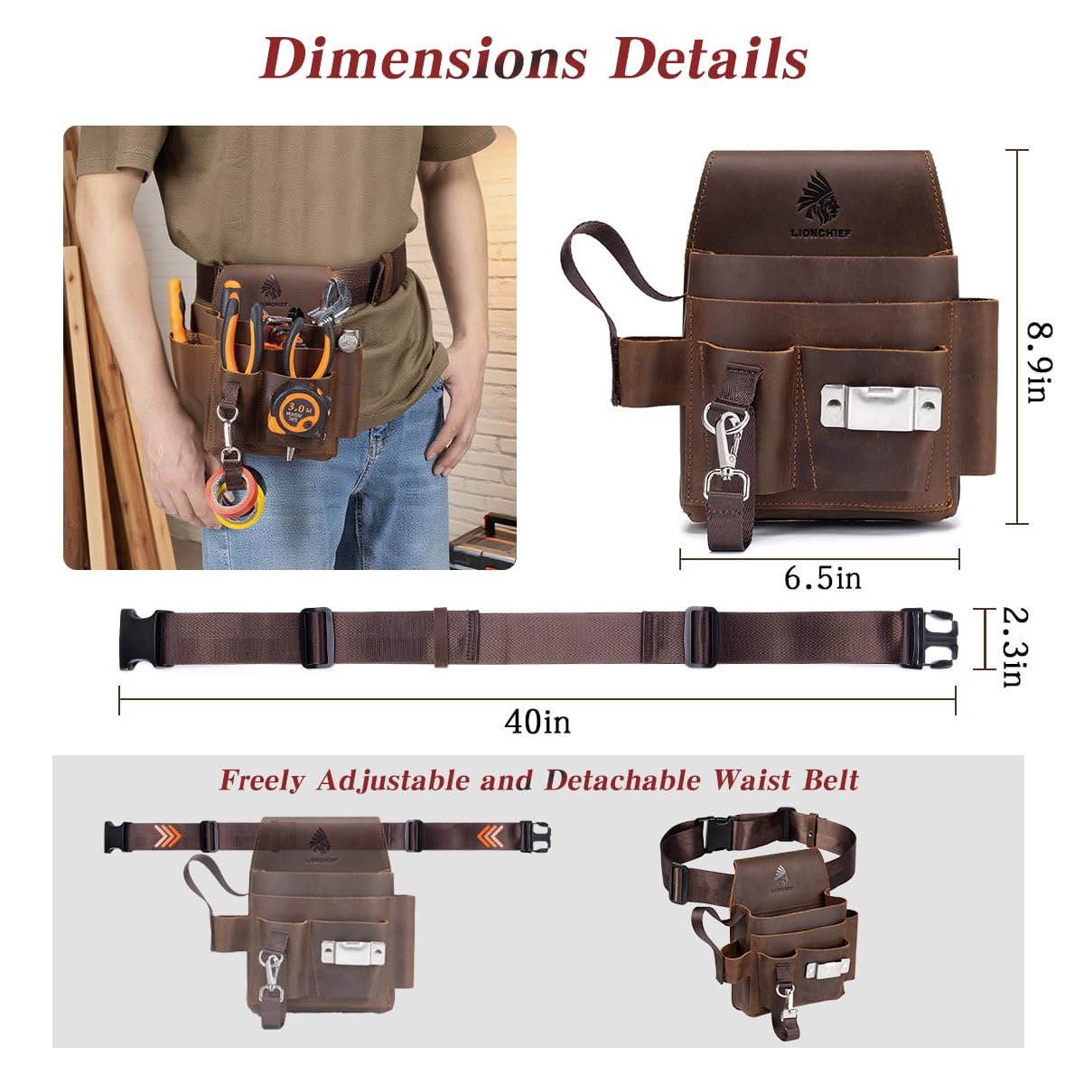 Generic Genuine Leather Electrician Tool Pouch back view emphasizes detachable strap for versatile use.