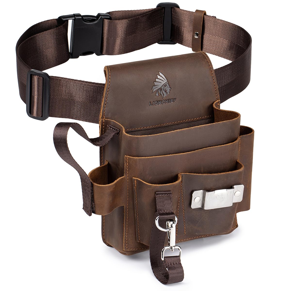 Generic Genuine Leather Electrician Tool Pouch front view offers easy access to organized pockets.