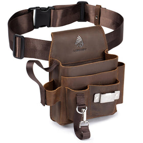 Generic Genuine Leather Electrician Tool Pouch front view offers easy access to organized pockets.