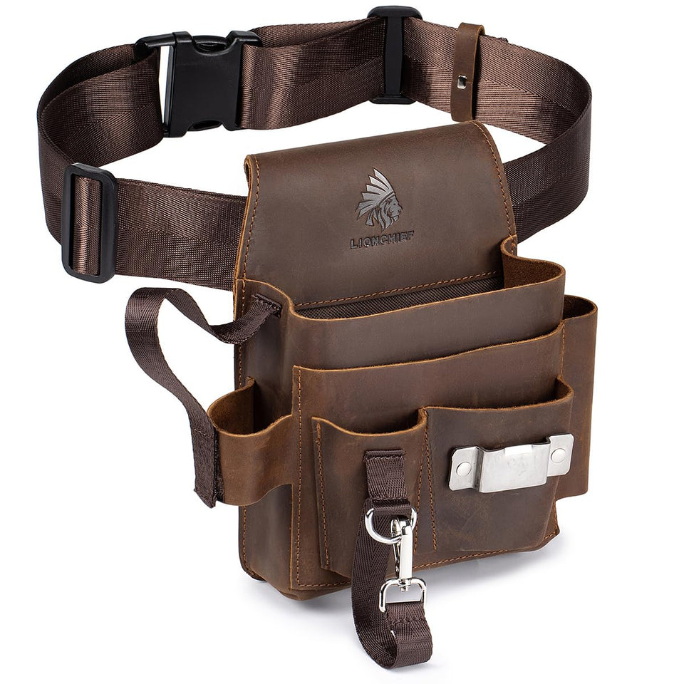 Generic Genuine Leather Electrician Tool Pouch front view offers easy access to organized pockets.