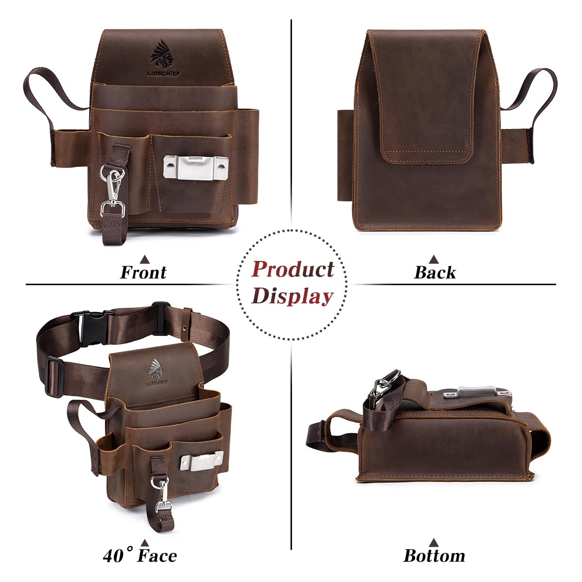 Generic Genuine Leather Electrician Tool Pouch side view highlights adjustable belt compatibility up to five inches.
