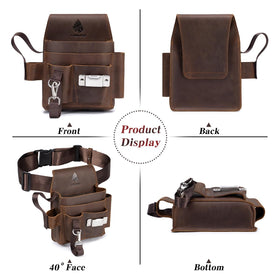 Generic Genuine Leather Electrician Tool Pouch side view highlights adjustable belt compatibility up to five inches.