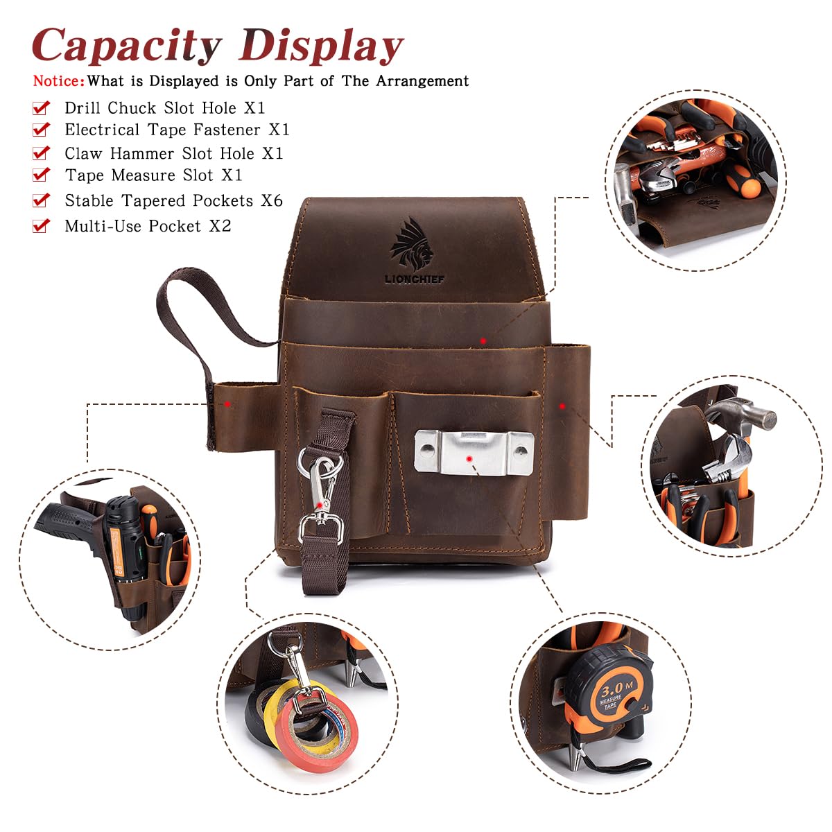 Generic Genuine Leather Electrician Tool Pouch multi-pocket closeup shows 12 pockets and a tape clip.