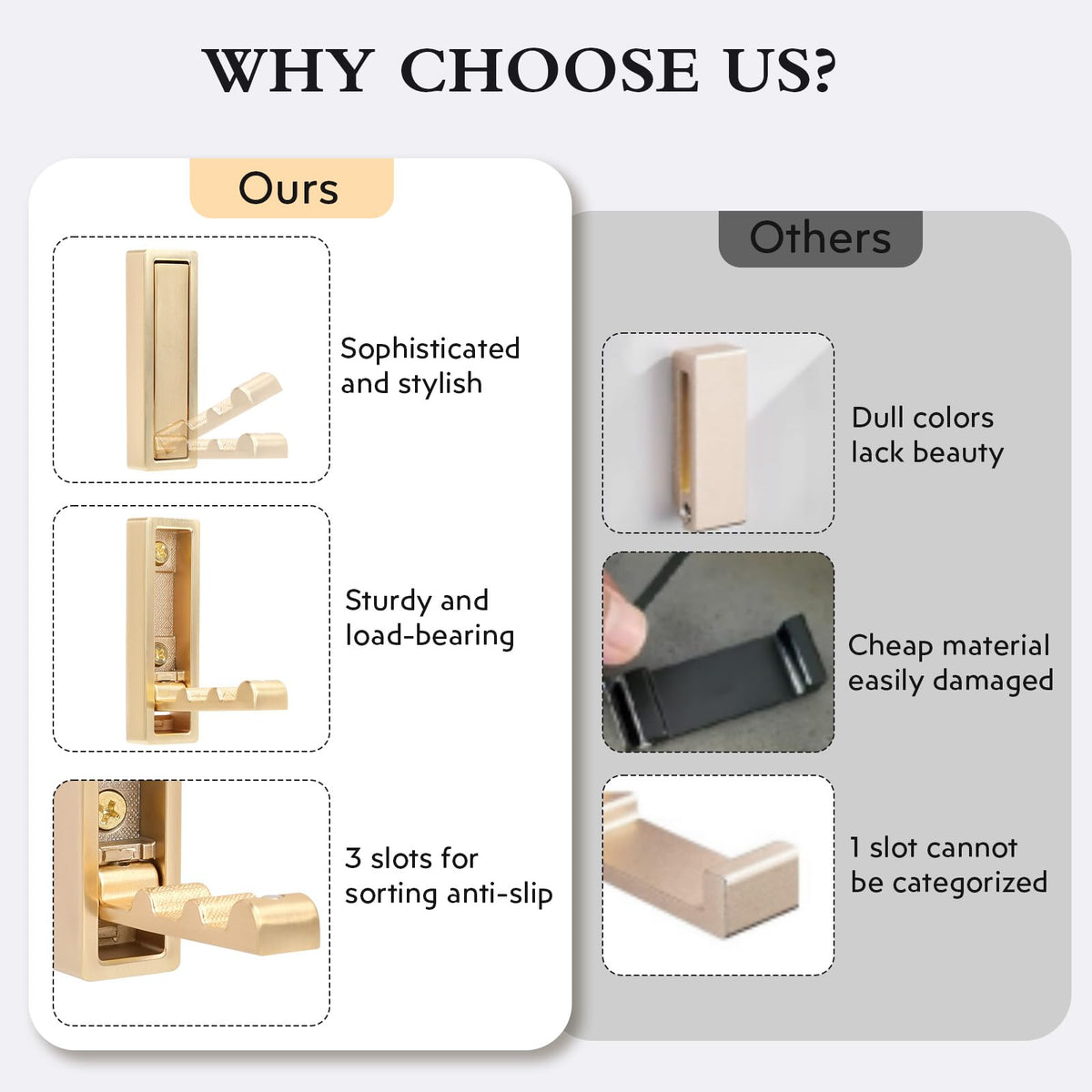 Generic gold wall hooks closet organization for clutter-free spaces.