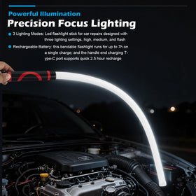 Generic bendable light with hook enables hands-free use around dashboards.