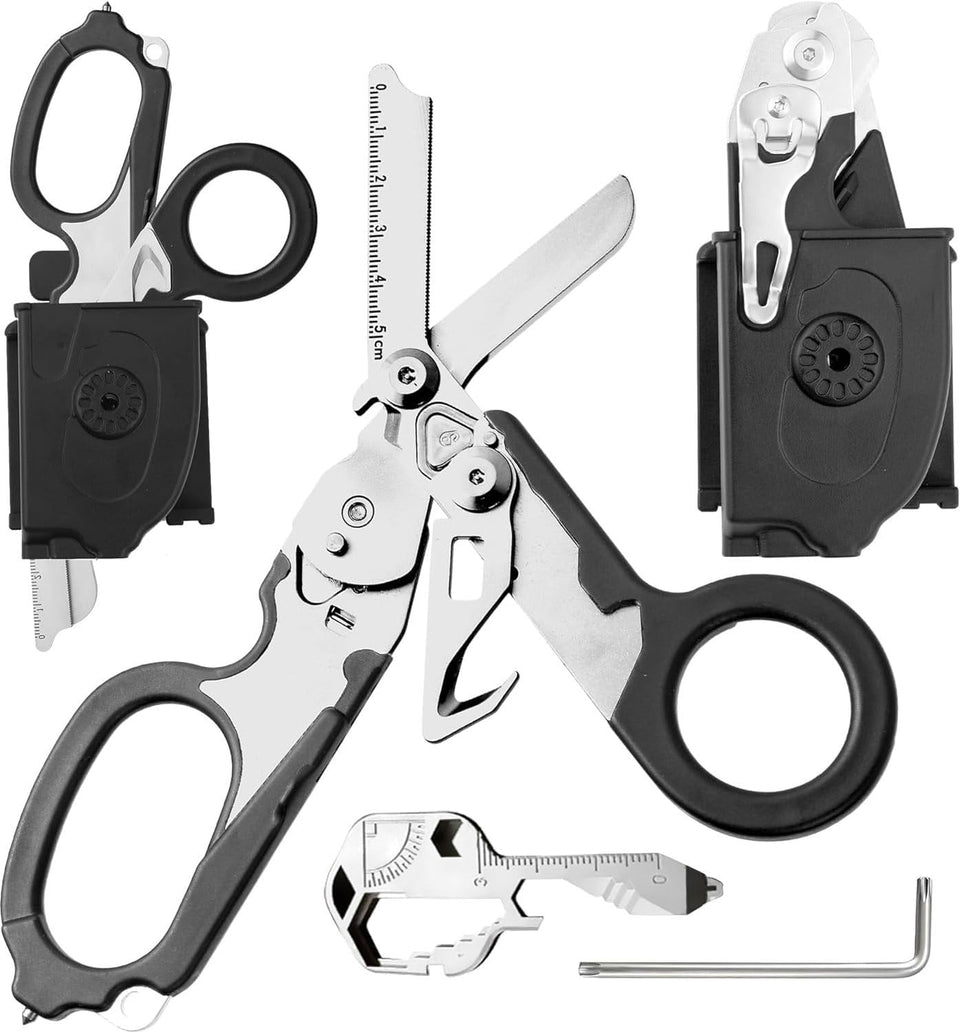 Generic heavy-duty 6-in-1 trauma shears folded compactly for pocket carry.