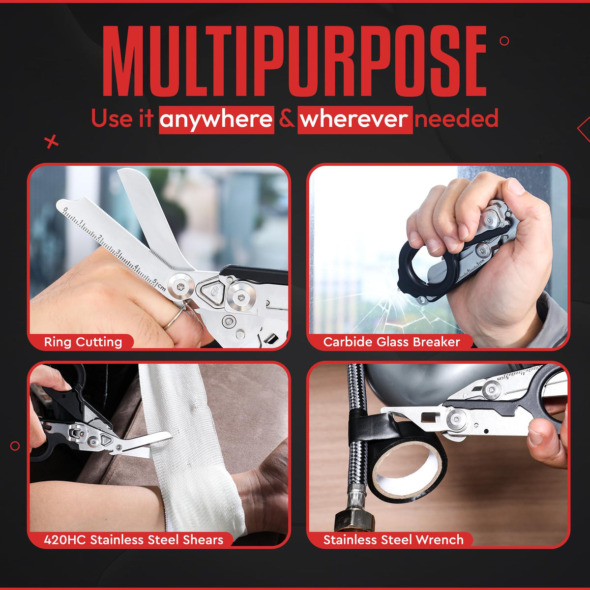 Generic trauma shears oxygen tank wrench feature aids equipment adjustments.