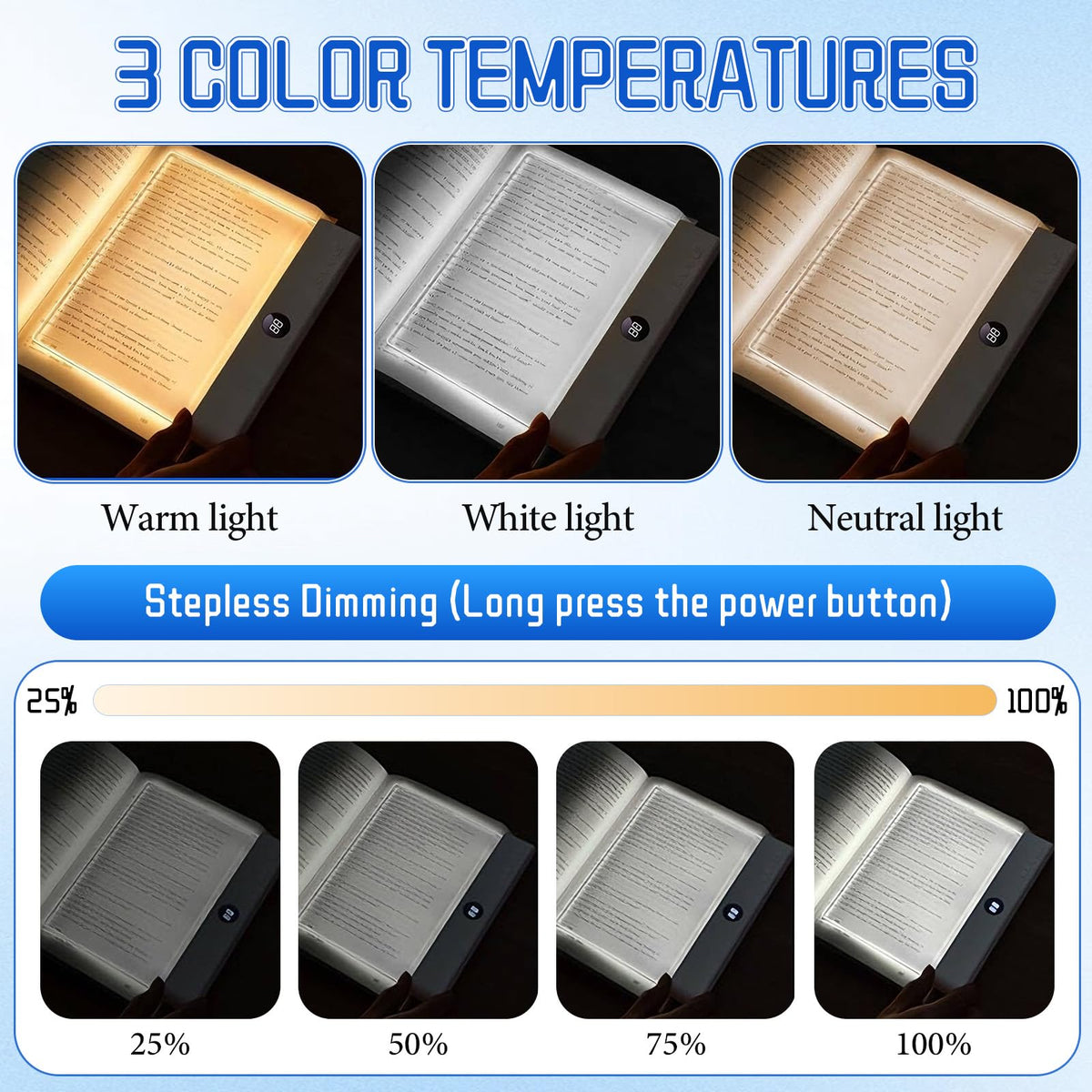 Generic LED Reading Light stepless dimming lets you tailor brightness for any scene.