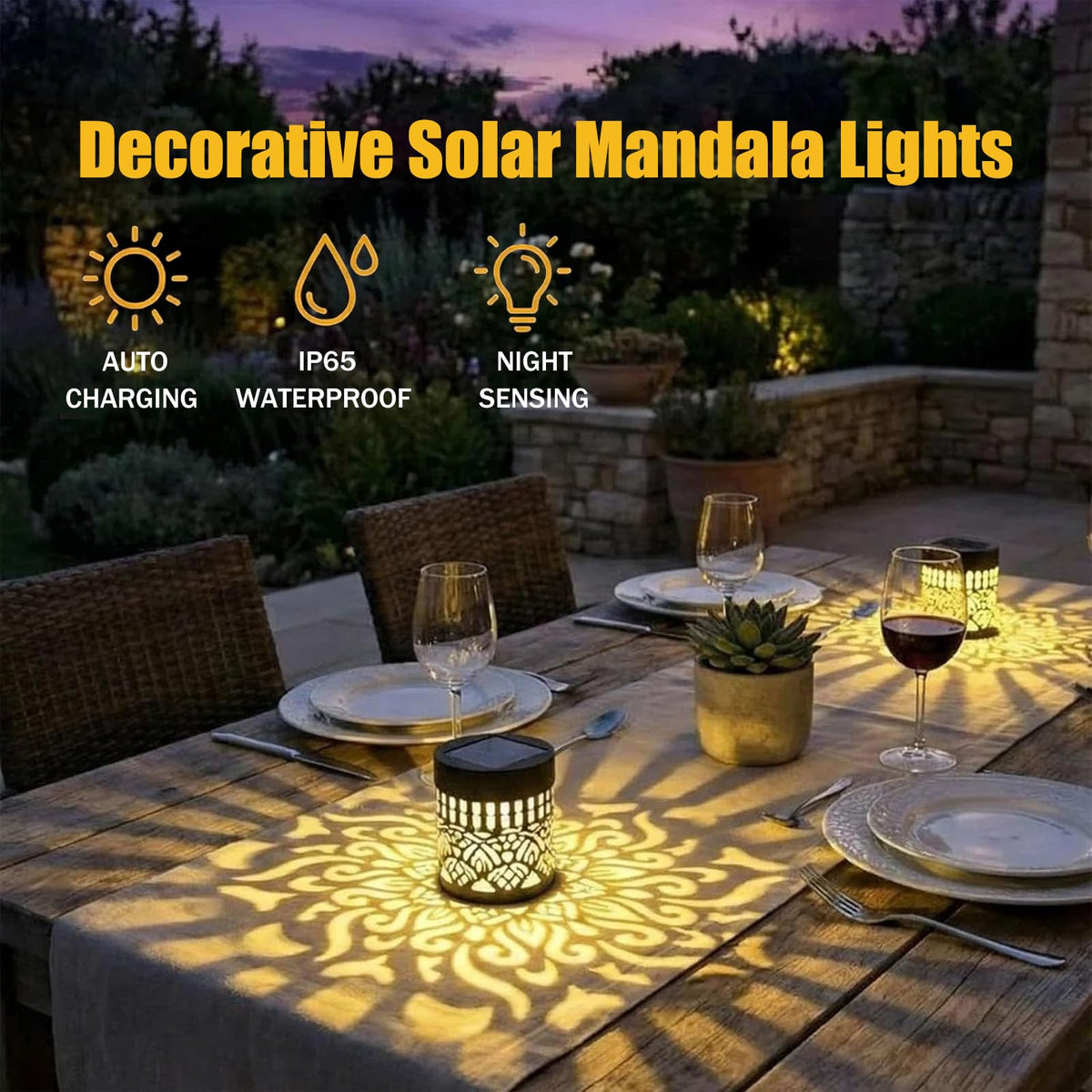 Generic Mandala Theme Outdoor Lights illuminate a garden post with intricate metalwork