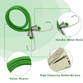 Generic mini bungee in use securing camping gear and tarps during outdoor setup