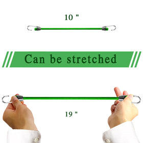 Generic mini bungee cords extended to 19 inches demonstrating adjustable length