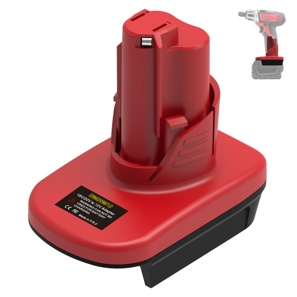 Generic ML18M12 adapter front view powers 12V tools from an 18V battery.