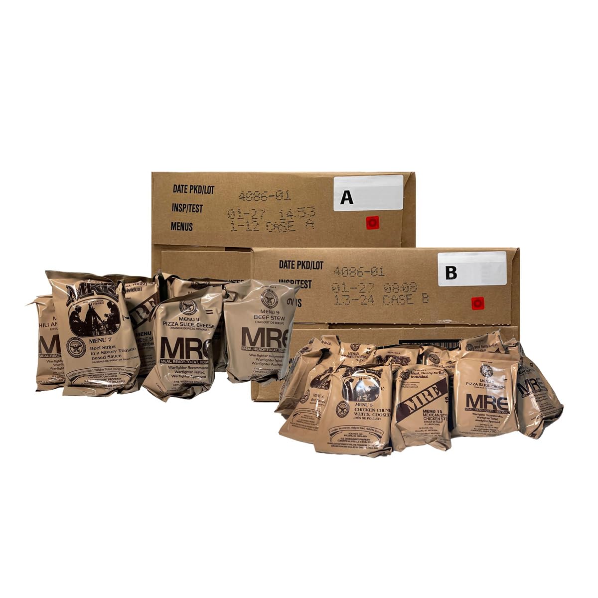 Generic MRE A&B case front view shows durable, ready-to-eat meals for emergencies.