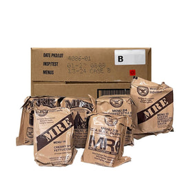 Generic MRE packaging features entrees, sides, snacks, and dessert for outdoor use.