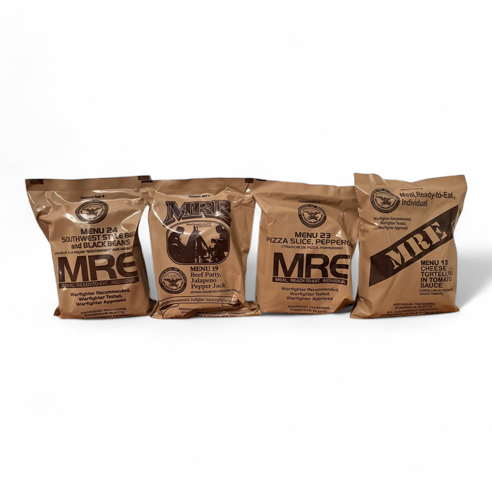 Generic MRE four-pack variety meals provides a complete kit for camping adventures.