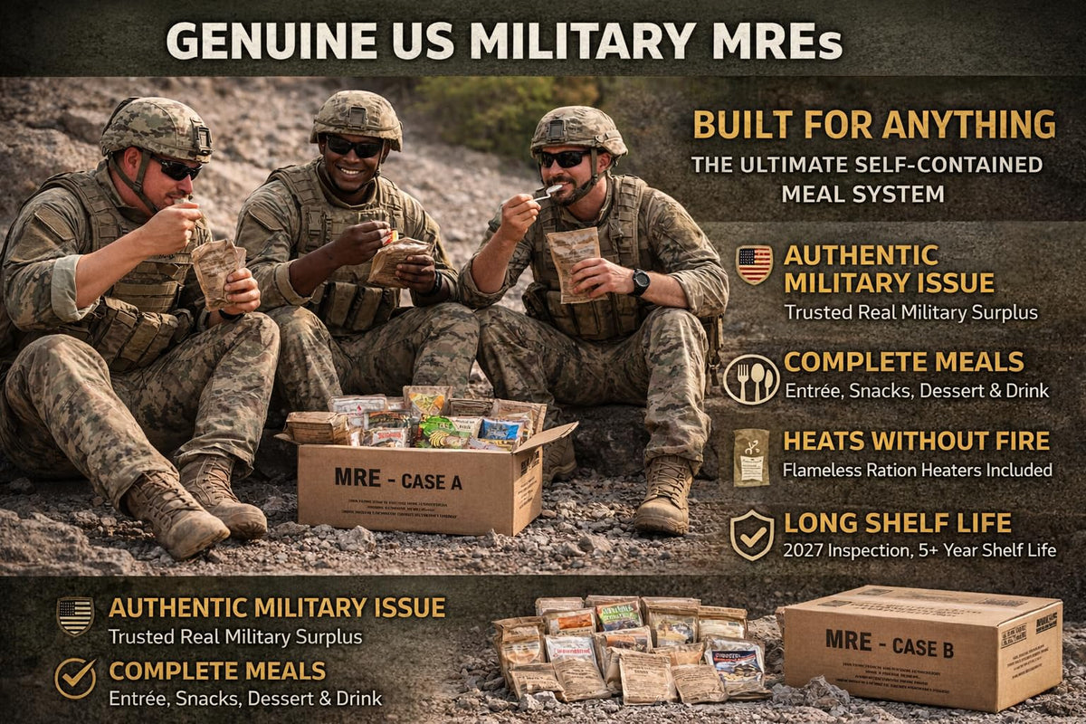 Generic MRE inspection date label notes 2027 and long shelf life with proper storage.