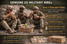 Generic MRE inspection date label notes 2027 and long shelf life with proper storage.