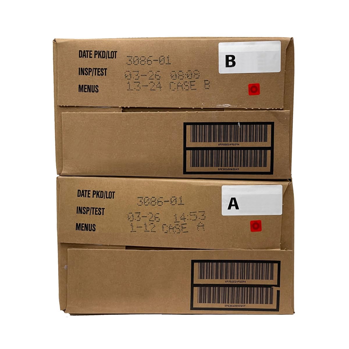 Generic MRE meals A and B case entree selection for camping readiness.