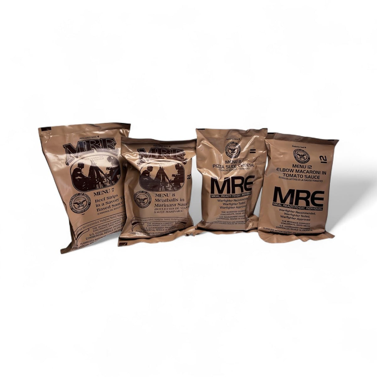 Generic MRE 4-pack front view, ready-to-eat meals for on-the-go nourishment.