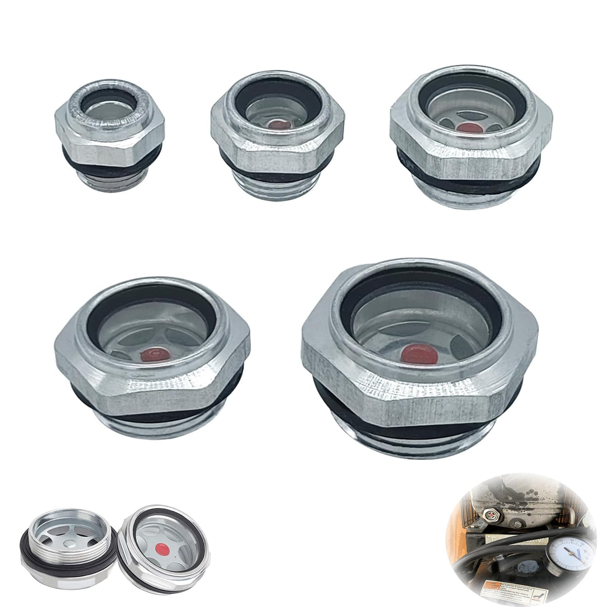 Generic oil sight glass assembly with five pieces for replacement and versatility
